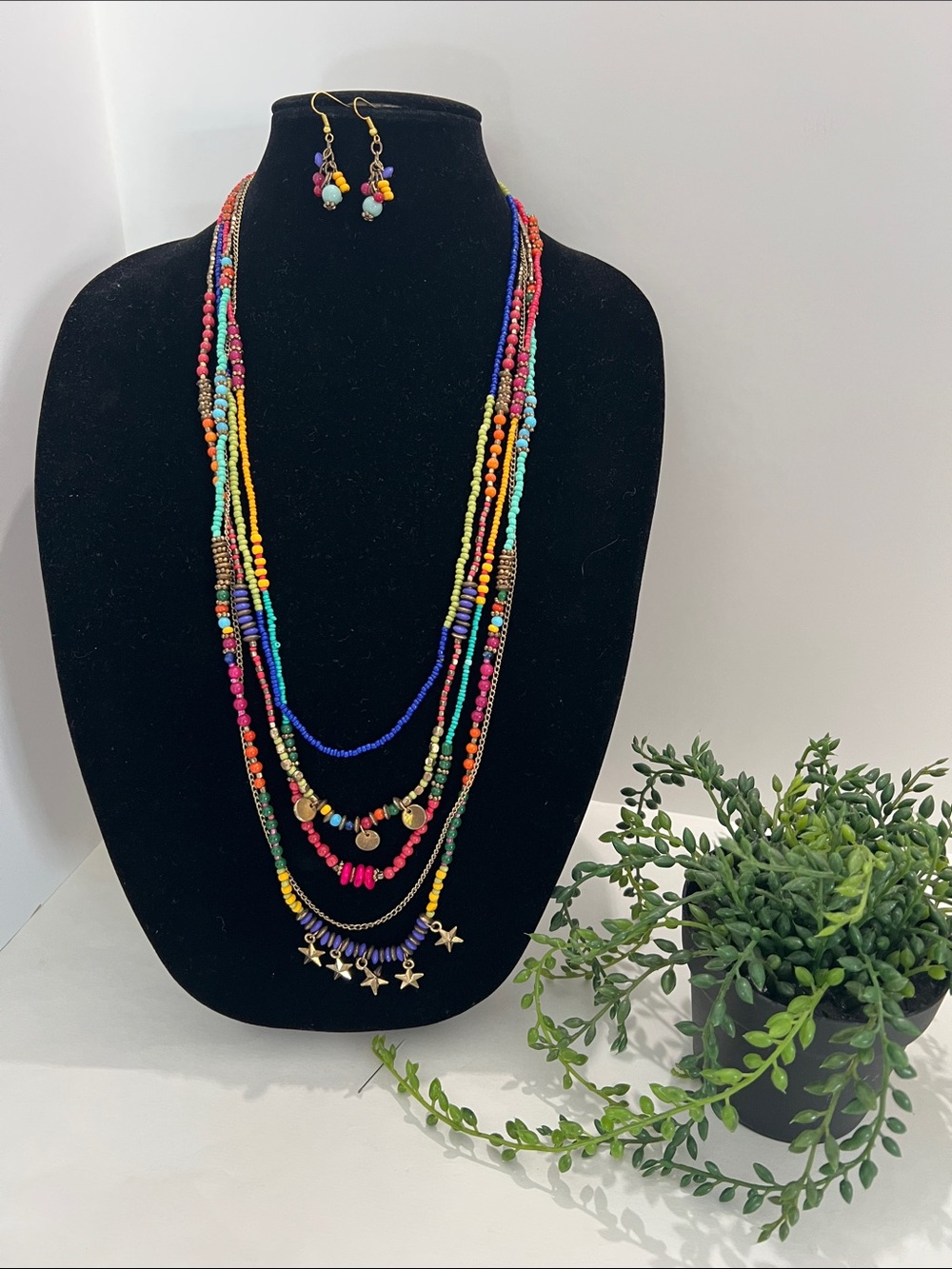 MultiColor 5 strand Layered Beaded Necklace Set with Earrings & star accents